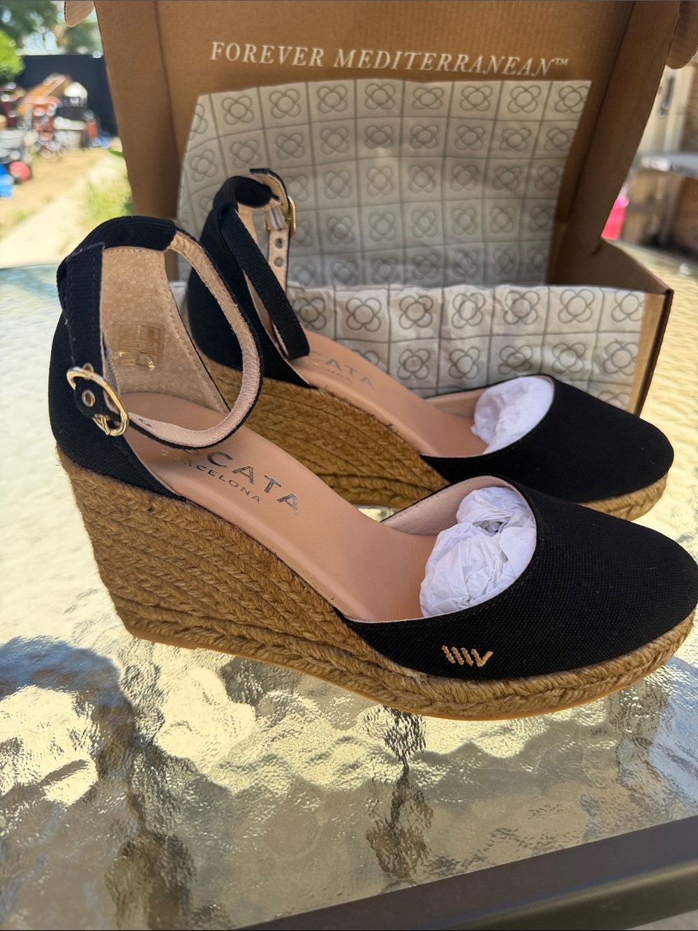 Black Espadrille Viscata Barcelona Wedge Sandals with Ankle Strap